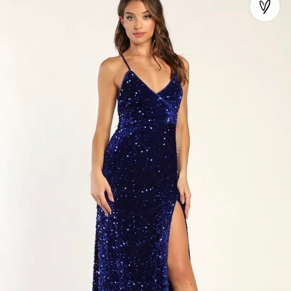 Lulu's Blue Sequin Evening Gown Prom Dress - Picture 1 of 9